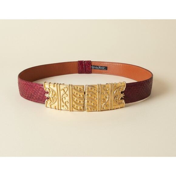 Vtg Alexis Kirk Belt Gold Ornate Buckle Red Snakeskin  display picture 1
